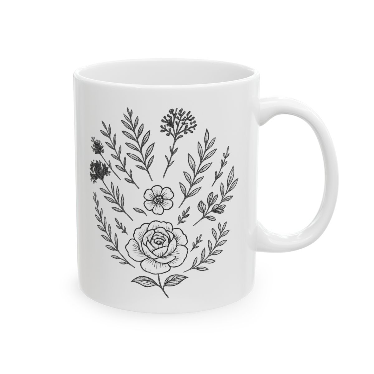 Floral Sketch Heart Handle | Botanical Mug, Flower Sketch Cup, Coffee Lover Gift - Official mugs merchandise